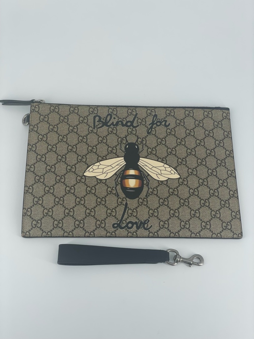 Gucci Beige/Brown Bee Blind for Love Monogram Wrist Pouch